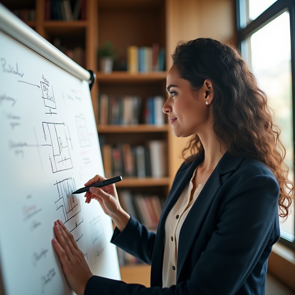 Žena středního věku u flipchartu, kreslí diagram kritérií rozhodování, soustředěný výraz