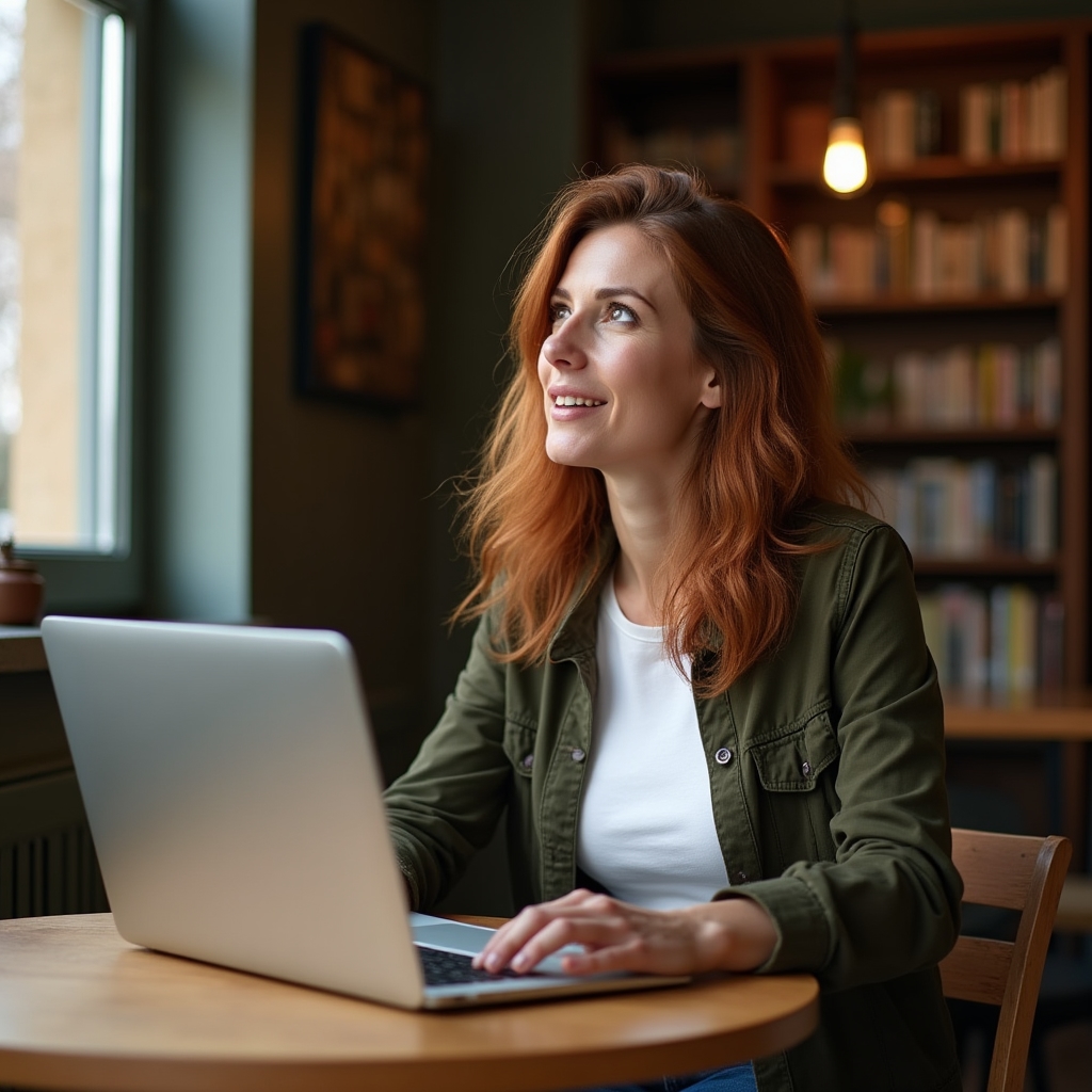 Žena kolem čtyřiceti, freelancerka, sedí u notebooku v kavárně, přirozené světlo, soustředěný ale uvolněný výraz